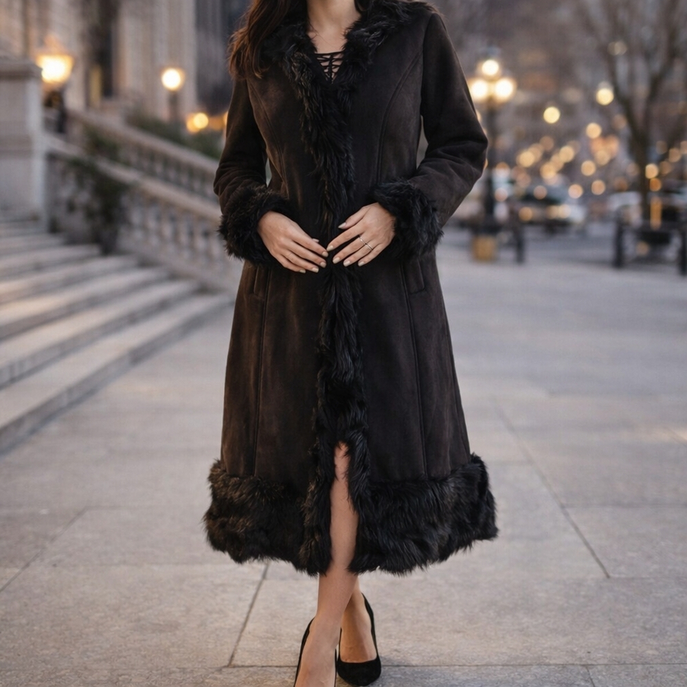 Masseys Black Long Faux Fur Trim Coat Women’s XL Elegant Winter - Picture 3 of 16